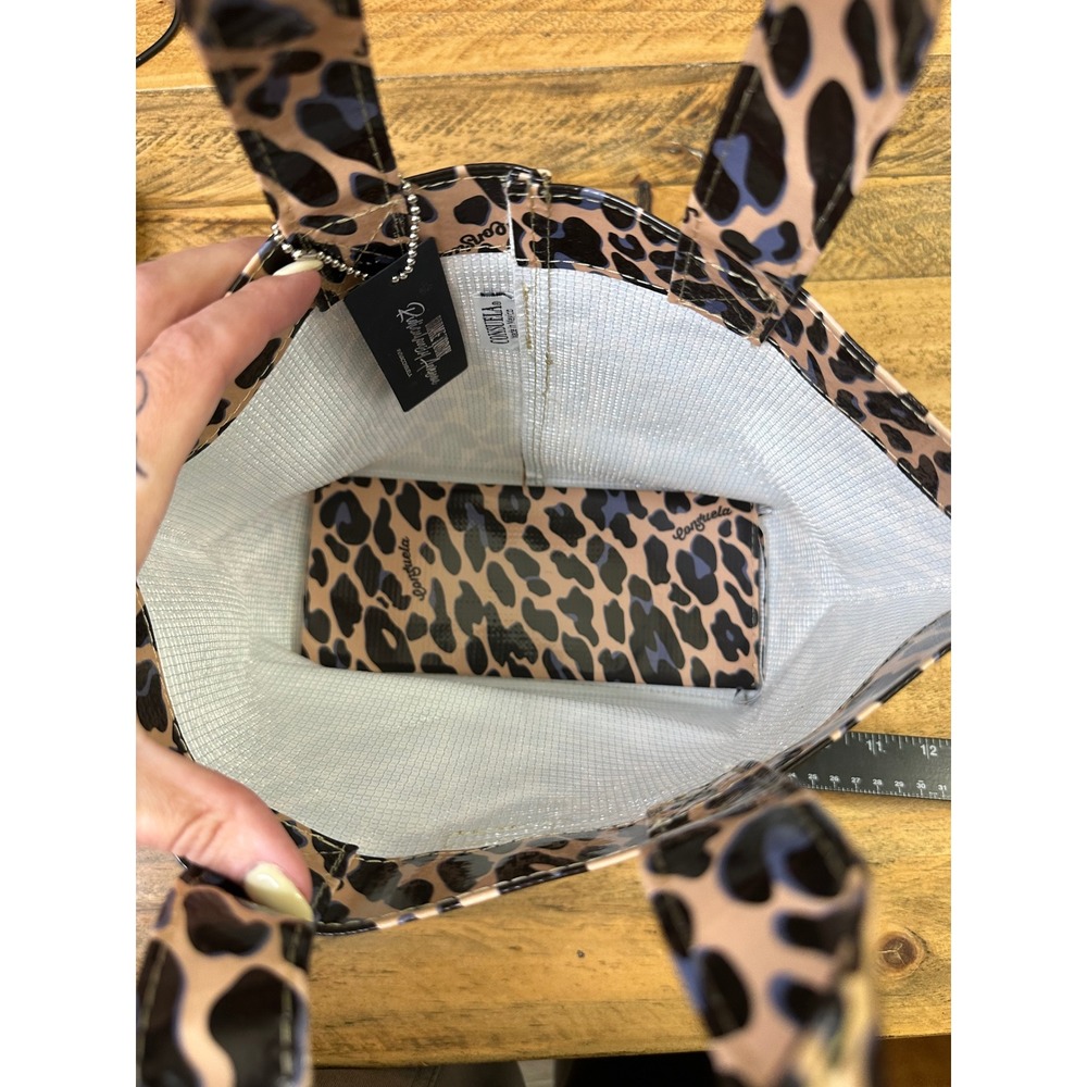 Consuela Tote Leopard Print Blue Tan Black Glossy Coated Canvas Bag NEW - Picture 4 of 7